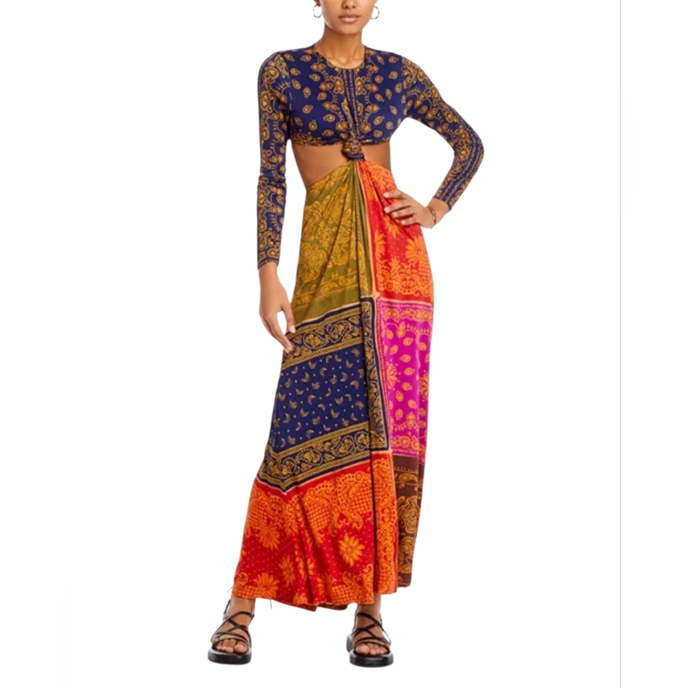 NWT FARM Rio Bohemian Patchwork Bandana Dream Cut Out Maxi Dress Multicolor M